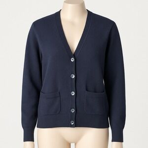 Vintage 100% Wool Button Cardigan Size XL Navy Blue Pockets Preppy Fisherman